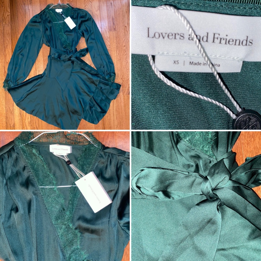 NEW Lovers & Friends $288 NADEEN Dark Green Satin Mini Dress XS NWT - Picture 2 of 12